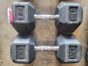 lot 9190 image: Pair of Power Systems Rubber Coated 65lb Dumbbells