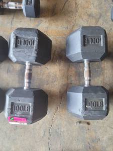 lot 9191 image: Pair of Power Systems Rubber Coated 100lb Dumbbells