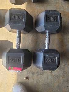 lot 9193 image: Pair of Power Systems Rubber Coated 95lb Dumbbells