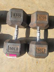 lot 9194 image: Pair of Power Systems Rubber Coated 90lb Dumbbells