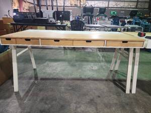 lot 22735 image: Whire and Maple IKEA Desk W Wood Top and Metal Base