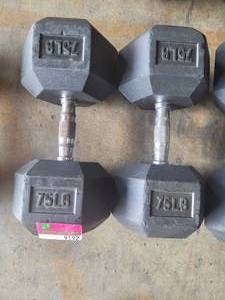lot 9192 image: Pair of Power Systems Rubber Coated 75lb Dumbbells