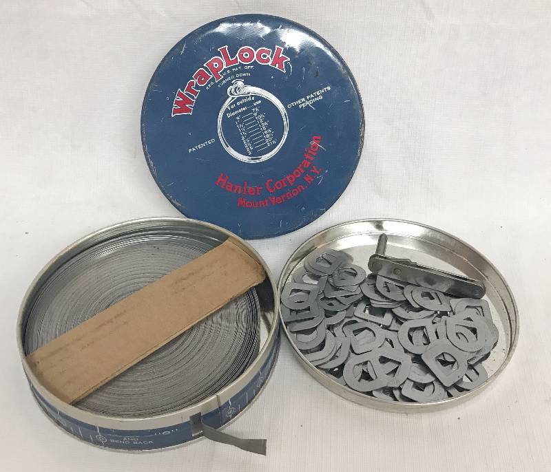 lot 9163 image: Vintage Hanler Corp Wraplock Tin Stainless Steel Strapping Banding Kit