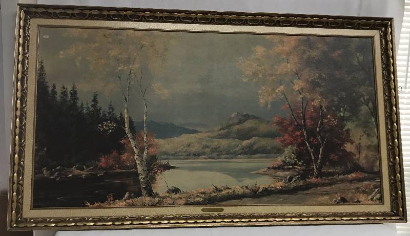 lot 9120 image: Large Painting Print Freddy Petersen titled LAKE VIEW  - Gorgeous frame