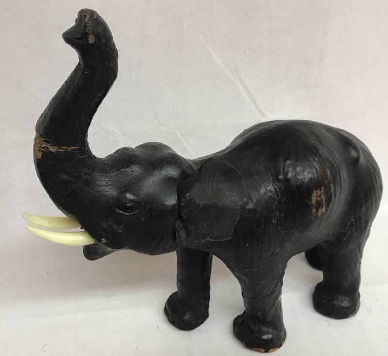 lot 9170 image: OLD Leather Elephant Sculpture with Tusks Very Expensive and Very Collectible
