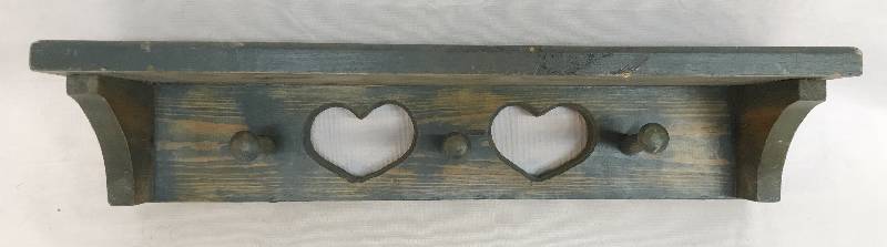 lot 9174 image: Old Wooden Shelf with Hearts and 3 Hooks