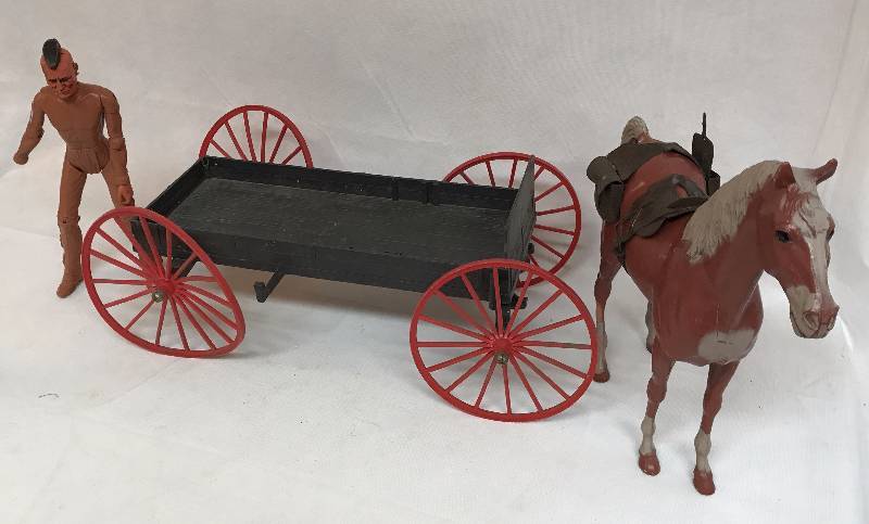 lot 9178 image: OLD - Horse - Wagon and MR T Looking Action Figure with saddle and bags