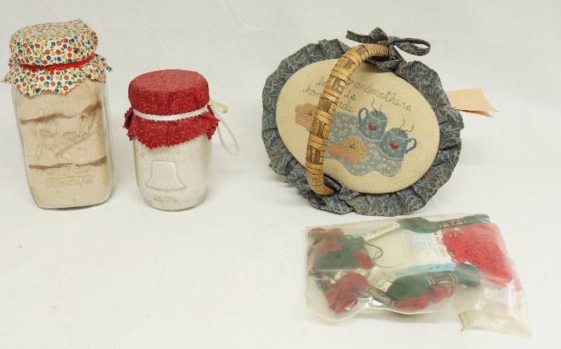 lot 2374 image: Lot of 2 Canning  Mason Jars and a Decorative Basket (contents of jars unknown)