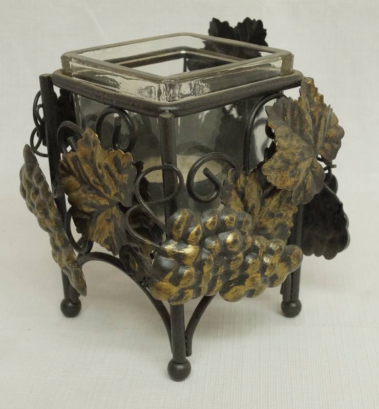 lot 2380 image: Glass and Metal Candle Holder - Grapes and Grape Leaves with square glass candle container