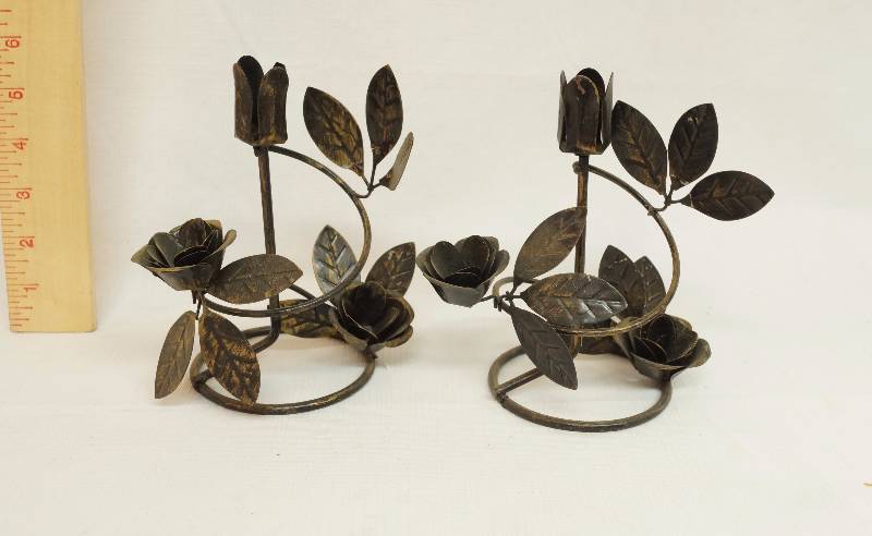 lot 2387 image: Lot of 2 Metal Rose Flower Candle Holders - Pretty