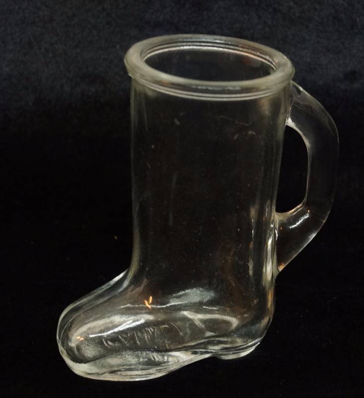 lot 2450 image: Clear Glass Boot - Whiskey Jigger  Shot Glass - marked CANADA on the bottom - Nice