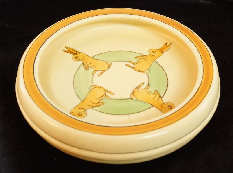 lot 2452 image: Vintage Roseville Babys Childs PlateDish Standing RabbitsBunnies Rolled Edge Rim -No chips - see photos