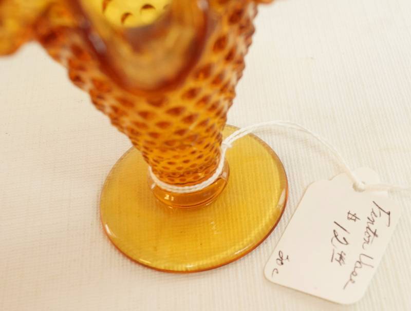lot 2454 image: Fenton - Amber Glass Hobnail Bud Vase - Nice w Fenton sticker