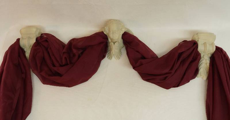 lot 2463 image: Cherub Angel Curtain Holder Set (3 pieces) - includes maroon curtain - 6ft x 56