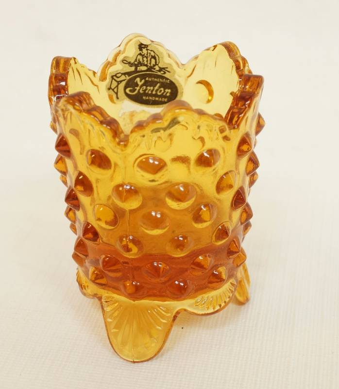 lot 2470 image: Fenton Glass Hobnail Amber Honey Votive Toothpick Holder - Tri-footed - with Fenton Sticker
