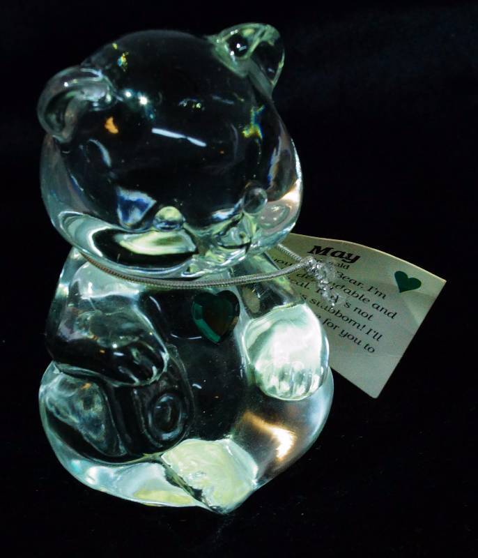 lot 2478 image: Fenton Glass Birthday Bear - Emerald  May - with original tag Handmade in the U.S.A. - Very Nice