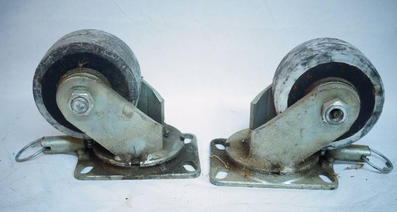 lot 2110 image: Lot of 2 Metal SWIVEL Commercial Wheel Casters wPin swivel-stops - NICE
