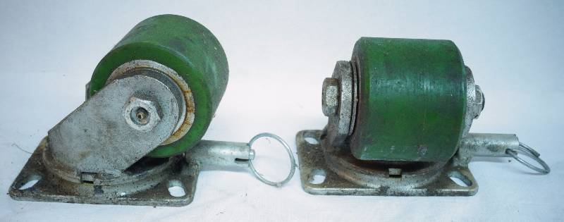 lot 2111 image: Lot of 2 Metal SWIVEL Commercial Wheel Casters wPin swivel-stops - NICE Green industrial tires