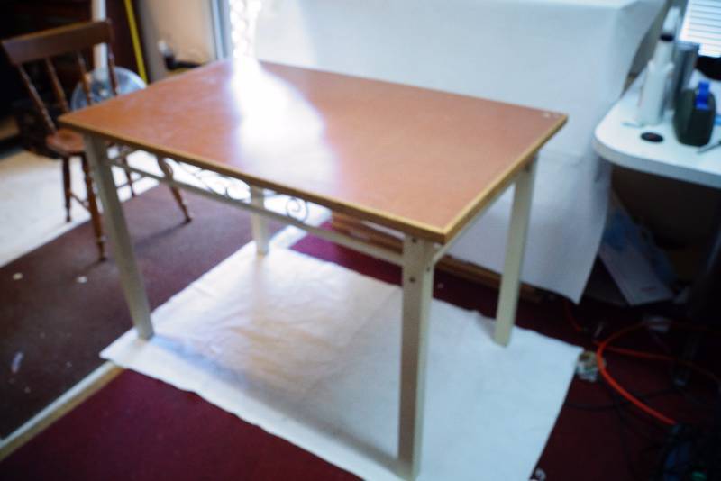 lot 2114 image: Square Wood Table with Metal Legs - Nice - See photos for details and measurements