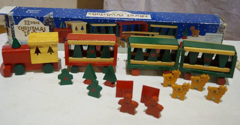 lot 5165 image: 22 Piece Wooden TRAIN SET in Box with Happy Holidays Door Mat