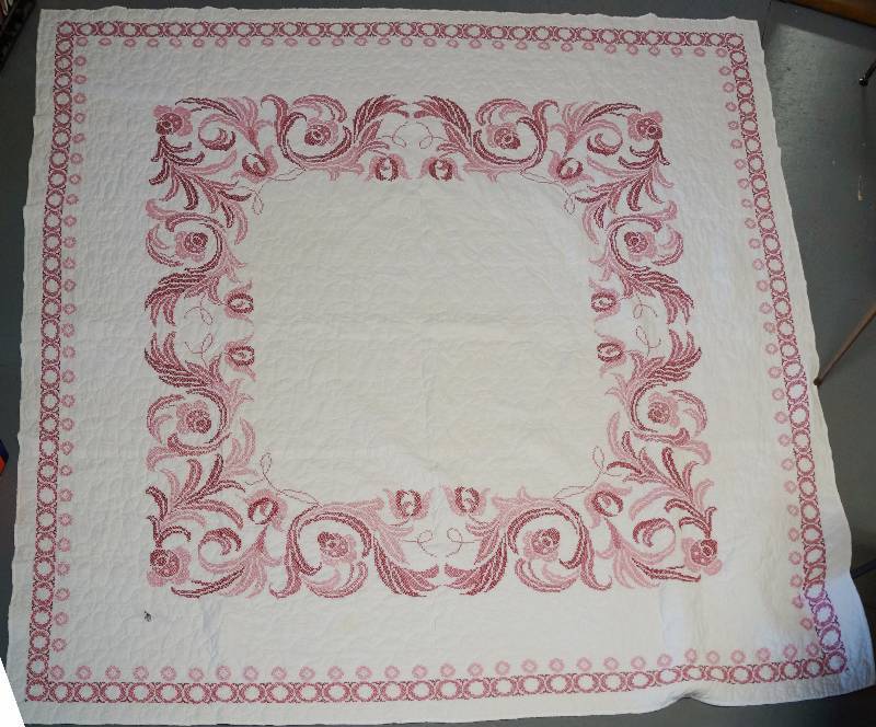 lot 2180 image: HUGE Handmade Cross-stitched Quilt - Very Hard To Find - LOOK at THIS 98 x 92