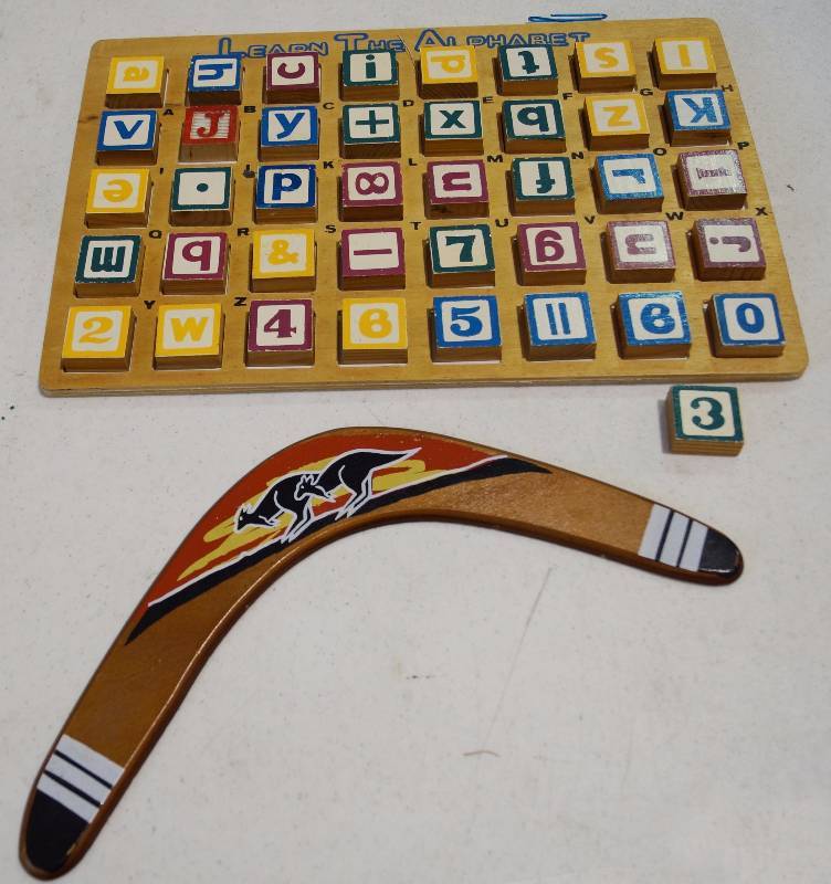 lot 9238 image: Wooden Boomerang and Wooden Block Puzzle - COOL
