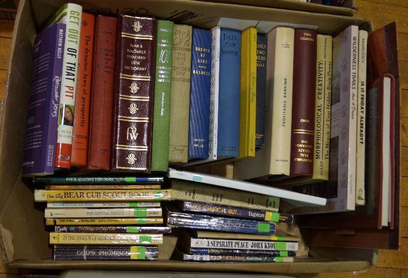 lot 2069 image: Lot of 3 boxes of books KU Jayhawk Book, Reference books, novels, vintage books, religious and more See photo for titles
