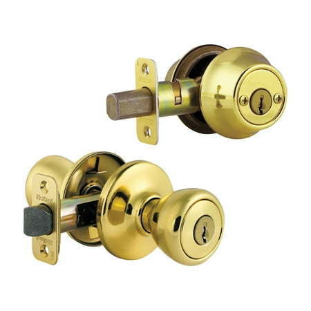 lot 929655 image: Kwikset Tylo Polished Brass Entry Lock and Double Cylinder Deadbolt ANSIBHMA Grade 3 1-34