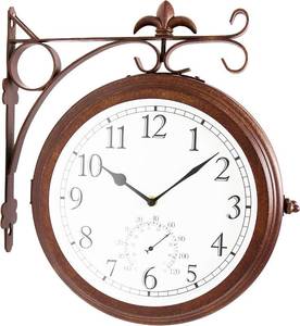 lot 16 image: Bestime 10in Double Sided Metal Wall Clock with Thermometer, Antique Finish, 66276A