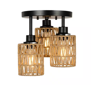 lot 55 image: 3-Lights Boho Ceiling Mount Light Fixture, Brown Rattan Hand Woven Chandelier, 9.8in L x 9.8in W x 11.8in H