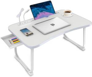 lot 60 image: Fayquaze Portable Folding Laptop Bed Desk with USB Charge Port Storage Drawer and Cup Holder, White, 15.7in D x 23.6in W x 10.8in H