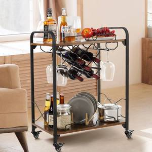 lot 81 image: Juhao Brown 2-Tier Bar Cart with Wine Racks, Wheels, and Glasses Holders, 16.5in D x 26.4in W x 34.7in H