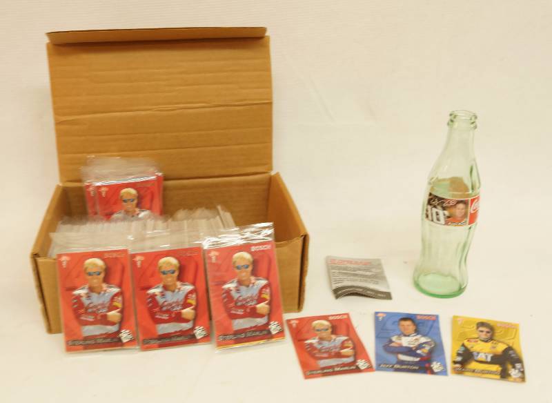lot 9259 image: Box Full of Pinnacle NASCAR Trading Cards (SEALED) and one Coca-Cola Nascar Bottle - SEE PHOTOS