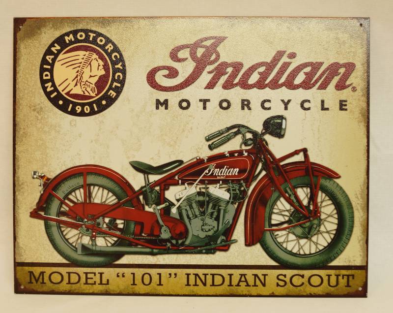 lot 9276 image: Nostalgic Tin Sign - Indian Motorcycles - Model 101 SCOUT - 16 x 12.5 - NEW