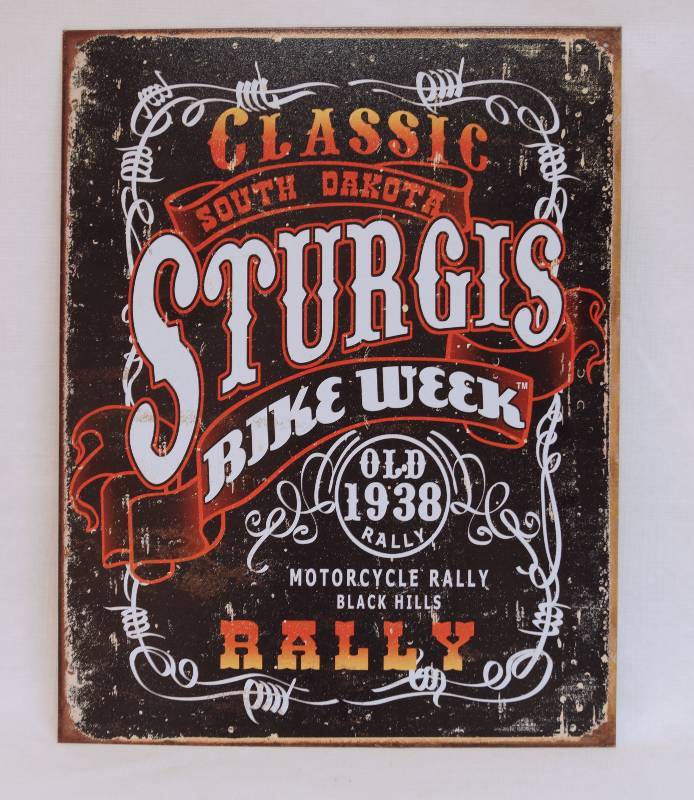 lot 9278 image: Nostalgic Tin Sign - STURGIS BIKE WEEK - Motorcycle Rally South Dakota - Black Hills Classic - Old 1938 - 12.5 x 16 - NEW