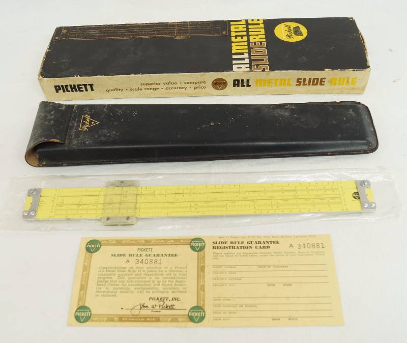 lot 8452 image: Vintage Pickett All Metal Slide Rule - Ruler - with Case, Box & Guarantee  Registration Card