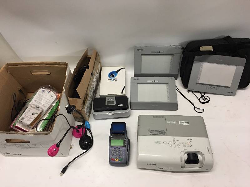 lot 108 image: Epson projector, credit card reader and misc. electronics