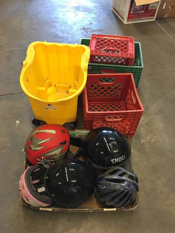 lot 82 image: HELMETS, MILK CRATES AND MOP BUCKET