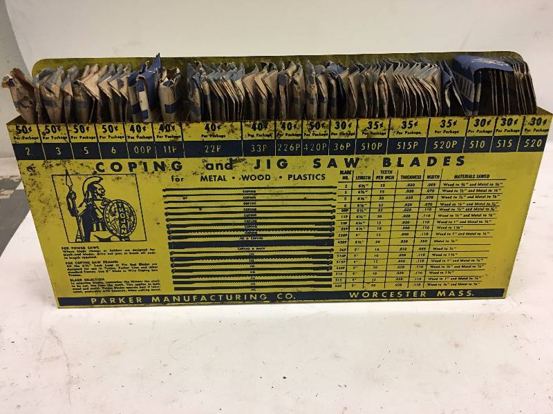 lot 196 image: VINTAGE PARKER TROJAN COPING AND JIG SAW BLADES DISPLAY FULL OF NOS BLADES