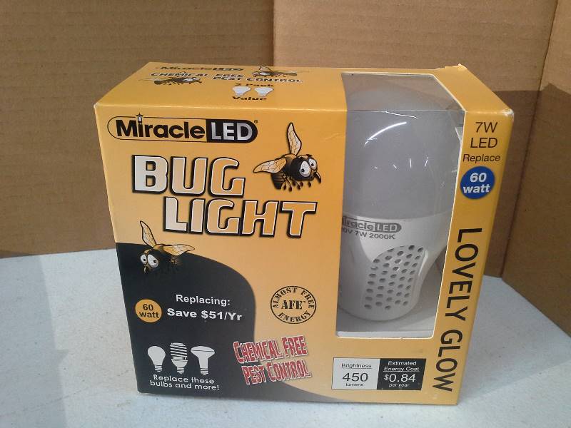 lot 8461 image: Miracle LED Lovely Glow Yellow LED Bug Light Bulb, Porch  Patio  Entry Way Outdoor Chemical Free Pest Control, Save Money - Replace 40W  60W  75W  100W, 2-Pack (606014)