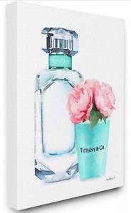 lot 1110 image: Home Decor Collection Teal Blue Perfume Bottle and Pink Peonies Stretched Canvas Wall Art 30in x 40in