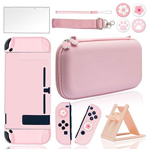 lot 5104 image: BRHE Cute Travel Carrying Case for Nintendo Switch  Switch OLED Accessories Kit with Hard Protective Cover, Glass Screen Protector, Adjustable Stand and Thumb Grip Caps 10 in 1(Switch Pink)
