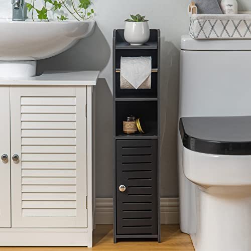 lot 5277 image: Toilet Paper Holder Stand,Bathroom Storage Cabinet Beside Toilet Storage for Small Bathroom,Bathroom Storage Cabinet with Toilet Roll Holder,Toilet Paper Stand for Small Space,Black by AOJEZOR