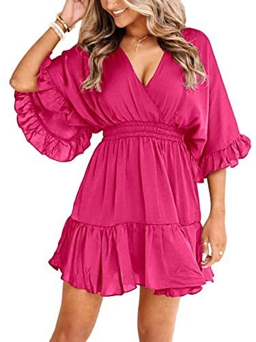 lot 6040 image: Realipopo Women Wrap V Neck Dress Sexy Summer Causal Short Sleeve Elegant Ruffle Flowy Mini Dresses Hot Pink