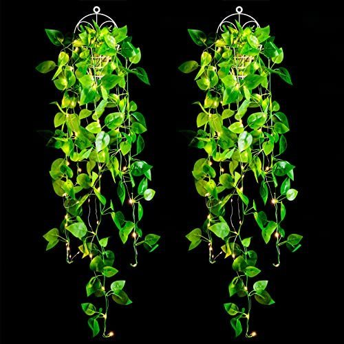 lot 6047 image: 2 Packs Artificial Hanging Plants with Lights, 3.4 Feet Fake Hanging Plant with Basket, Ivy Vine Fake Leaves LED Copper Wire Lights for Cafe Wall Home Garden Porch Wedding Garland Outside Decoration