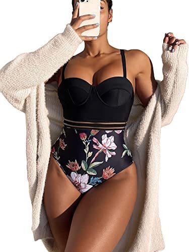 lot 6098 image: MakeMeChic Womens Floral Push Up One Piece Swimsuit Tummy Control Bathing Suit Black L