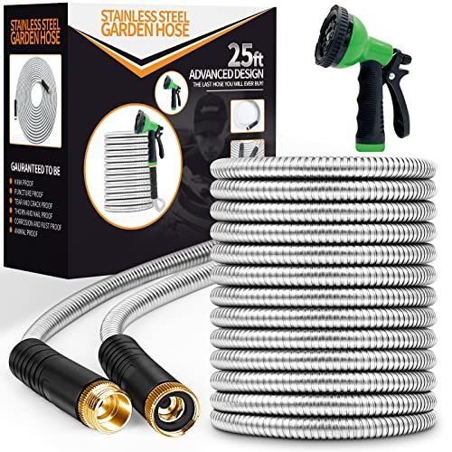 lot 6125 image: Unywarse Metal Garden Hose 25ft, Stainless Steel Heavy Duty Water Hose with 10 Function Nozzle Flexible, Lightweight, Kink Free & Tangle Free, Pet Proof, Puncture Proof Hose for Yard, Outdoor