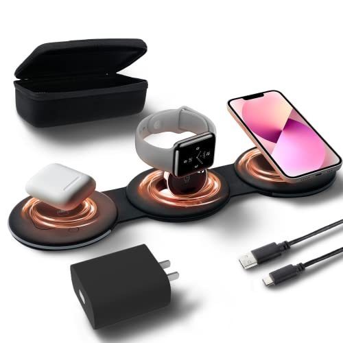 lot 6182 image: INGENIOUS MINDS 3-in-1 Foldable Wireless Charger, Fast Charging for Multiple Devices, Compatible with MagSafe, iPhone 14131211ProMaxXsXr8, AirPods 32Pro, and AppleWatch (Adapter Included)