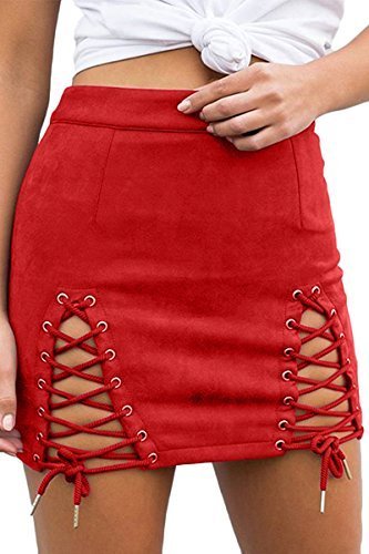 lot 6208 image: Meyeeka Women Plain High Waist Lace Up Cutout Stretch Faux Suede Sexy Mini Skirt Red S