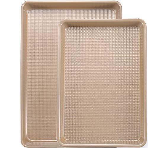 lot 8234 image: JOHO BAKING Cookie Sheet Baking Pan Set, Professional Baking Sheet for oven Nonstick, 2 Piece Bakeware Set, 9x13in,10x15in, Textured, Gold
